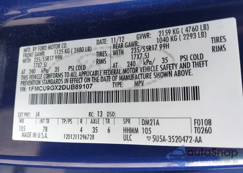 2013 Ford Escape Se from USA, damaged, VIN 1FMCU9GX2DUB89107